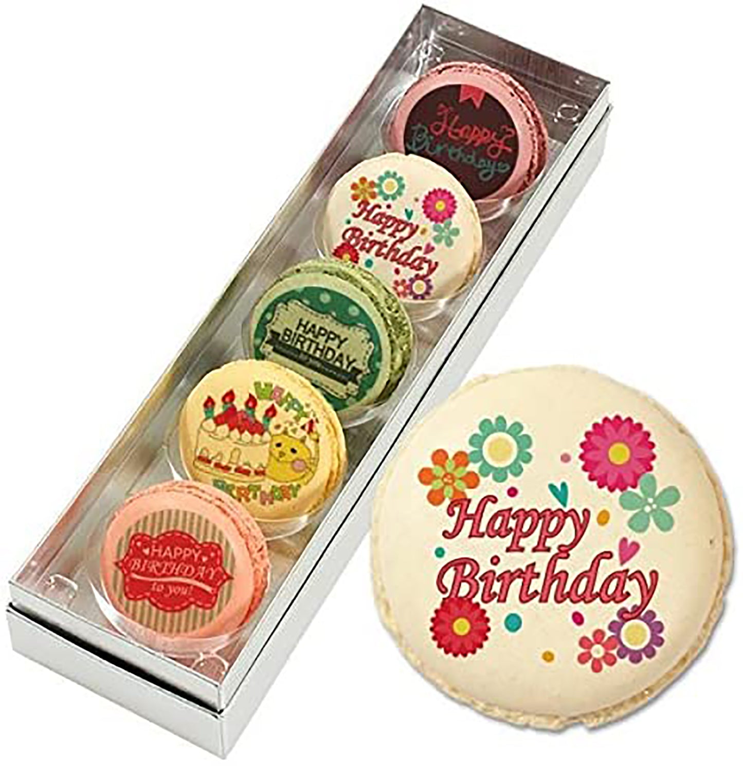 Happy Birthday /assorted macarons 5pcs / flowers, cake and cat...